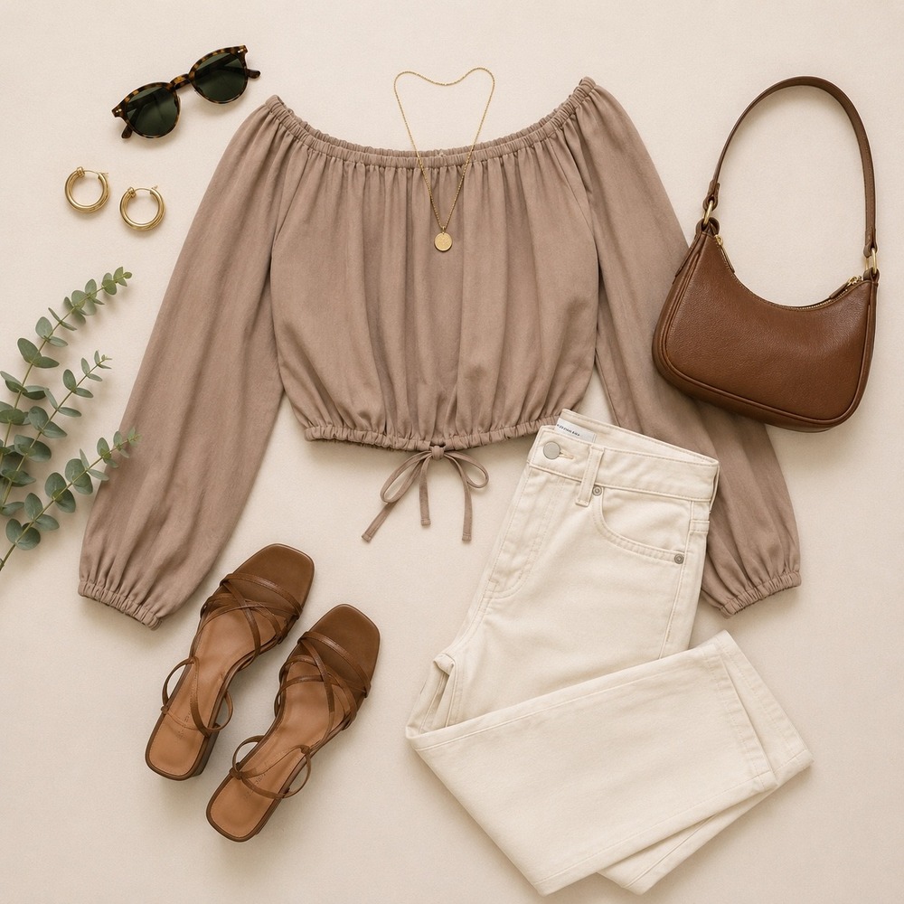 Wilfred Aritzia Off The Shoulder Crop Top Tan Long Sleeve Tie Front Blouse Small - Picture 1 of 10